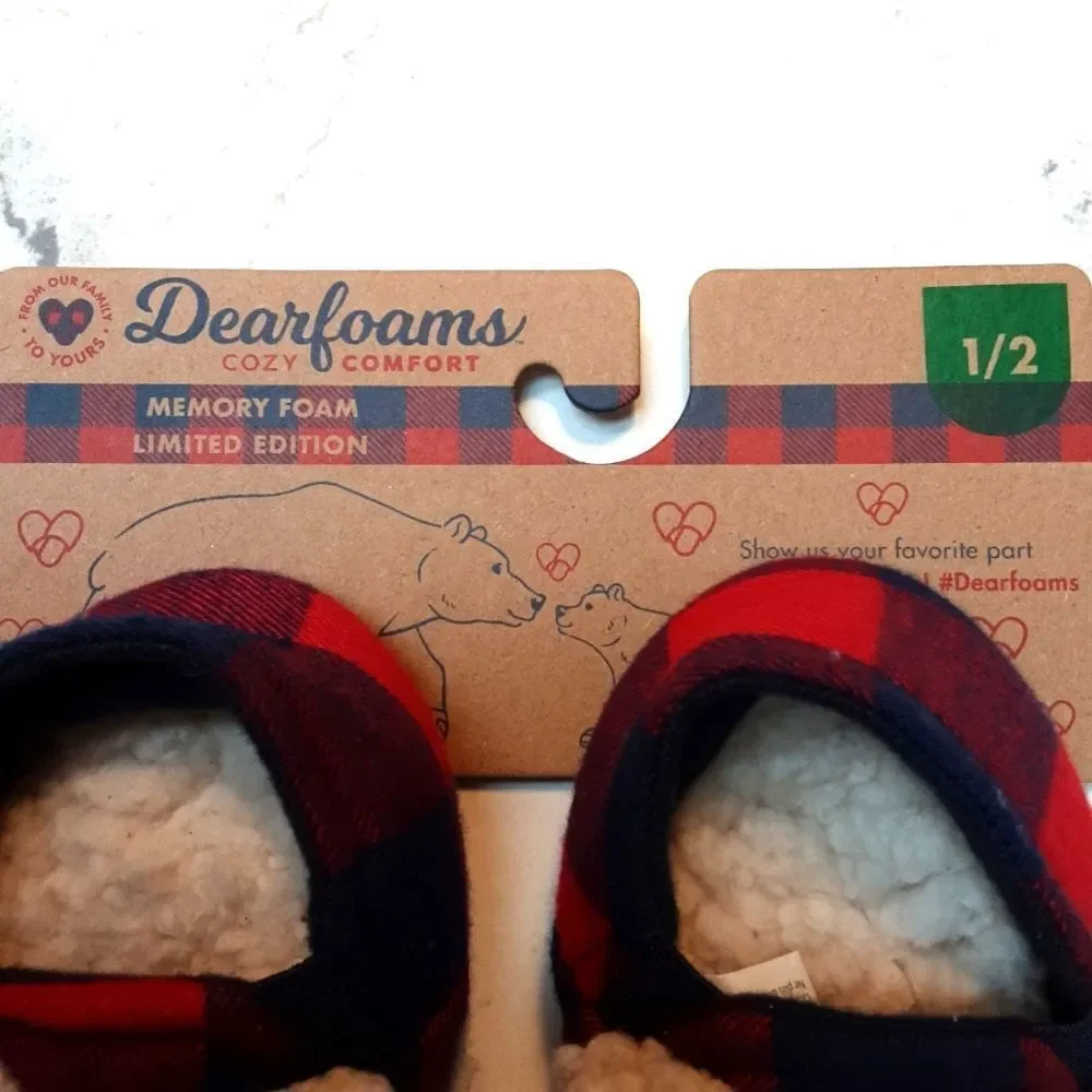 Dearfoams Slippers Infant Cozy Baby Bear Boots‎ Navy Red Plaid sz 1-2 New